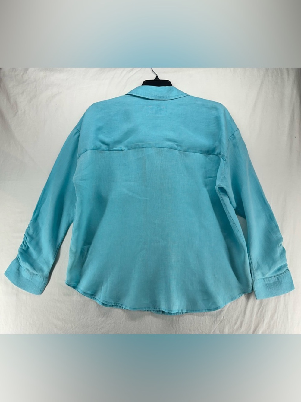 Maeve Anthropologie 100% Linen Ruched Sleeves Blouse Blue Button Down XL - Picture 3 of 10